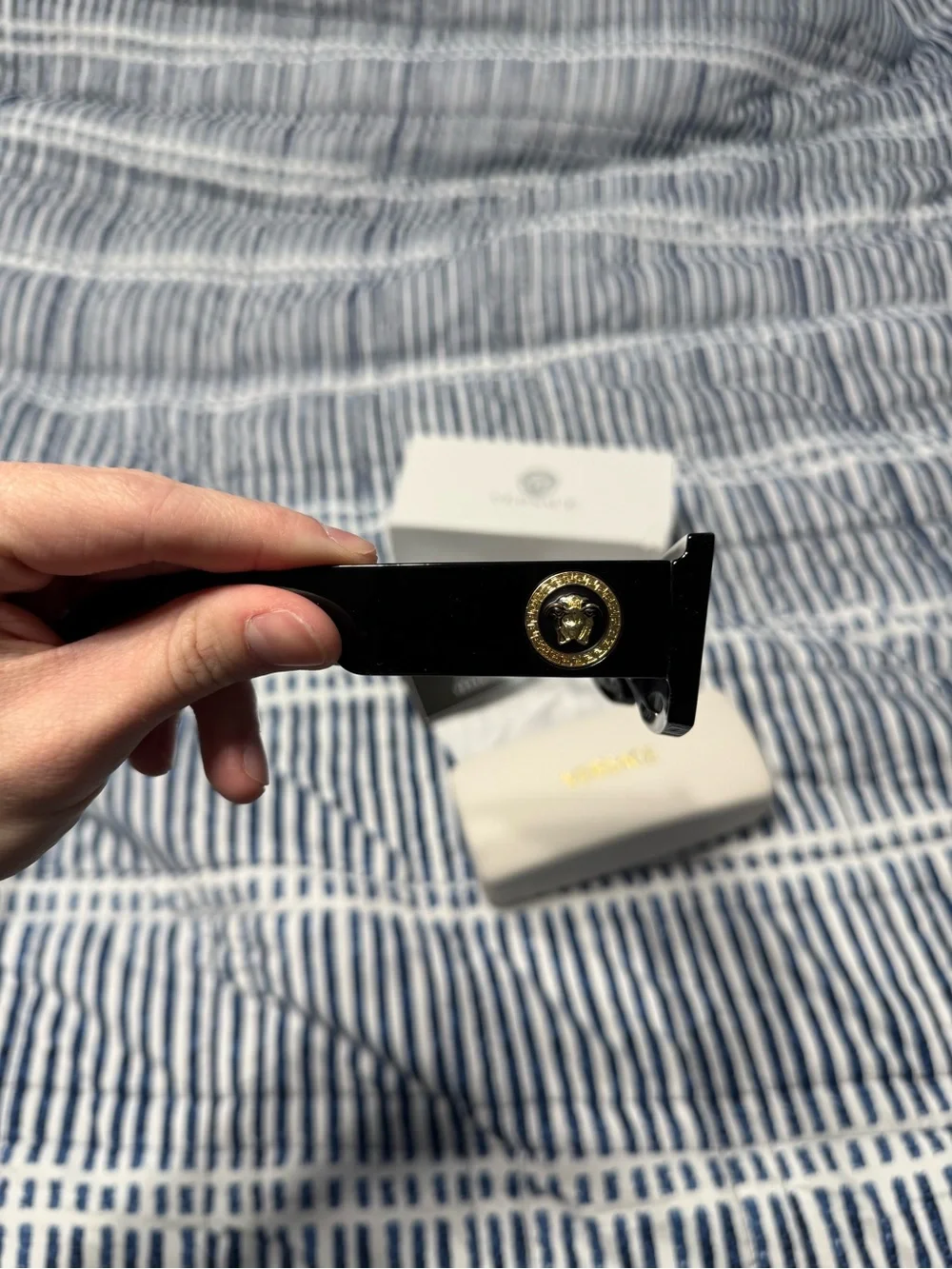Versace Black Rectangular Sunglasses with Gold Medallion Temples
